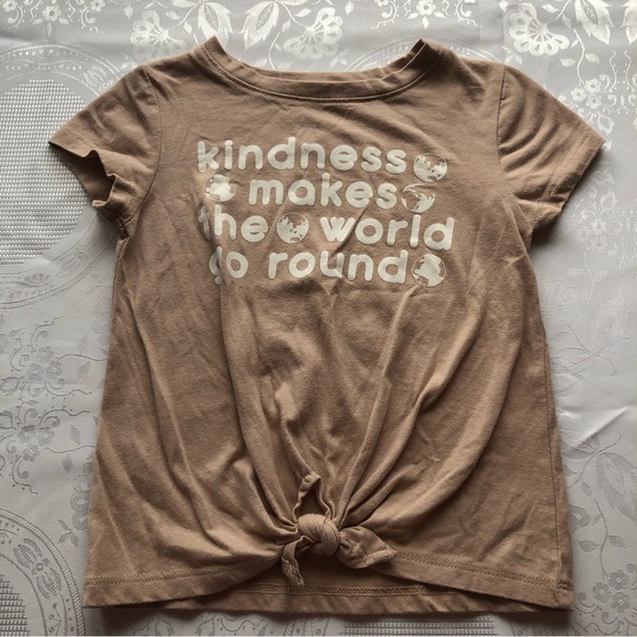 Okie Dokie Girls Size 5T Tan Graphics T-Shirt Short Sleeves Tie-Up Front Tee - Picture 1 of 10